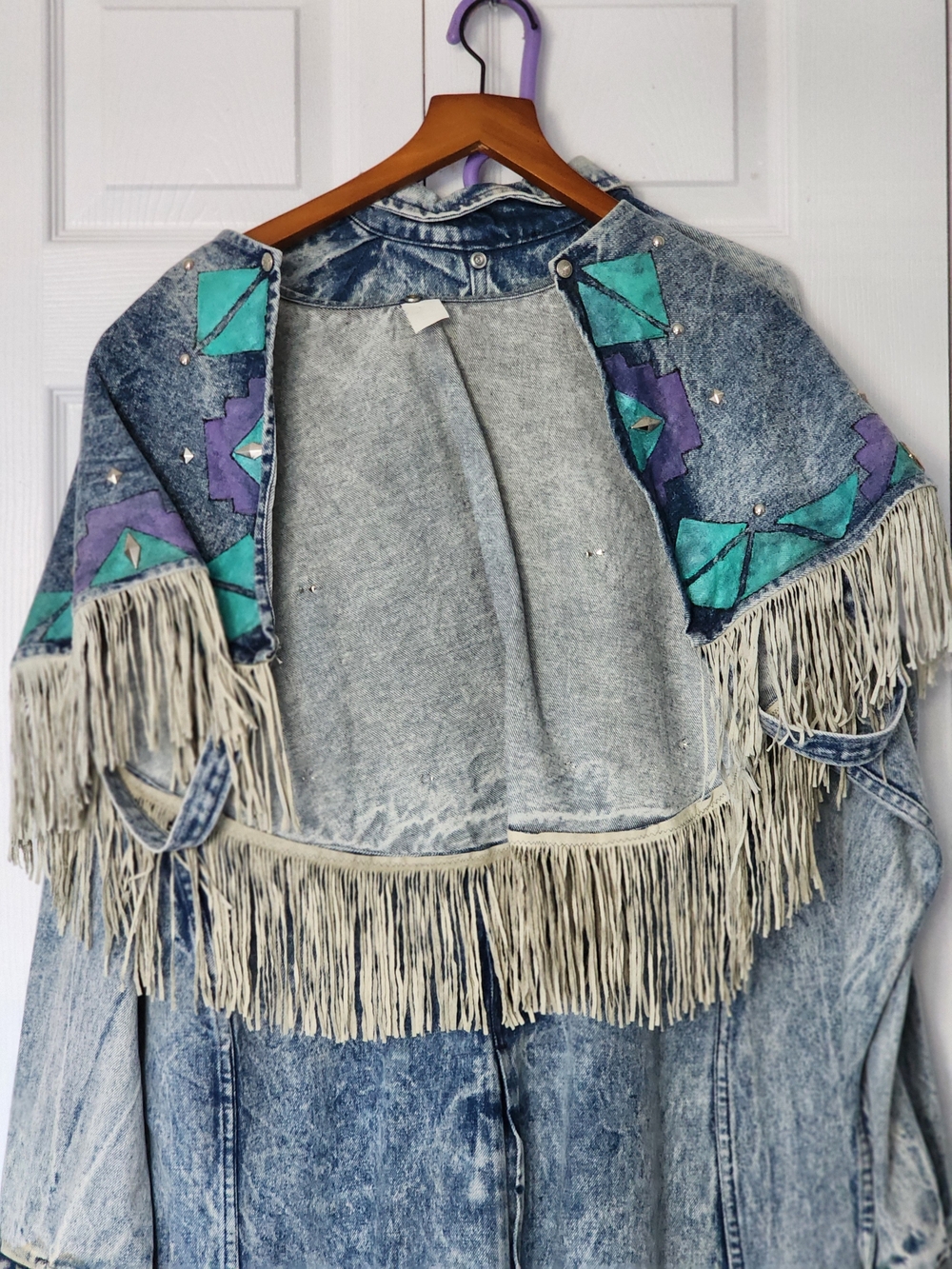 Vintage TRAIL DUSTER Denim Leather Fringe with Teal  Purple Accents 25" PTP - Picture 14 of 16